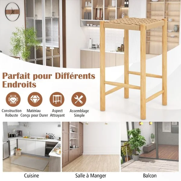 Ensemble de 2 Tabourets de Bar de 65 cm Cadre en Bois de Caoutchouc et Siège en Papier Tissé Tabouret de Bar Rustique de Hauteur Comptoir Siège Confortable Naturel
