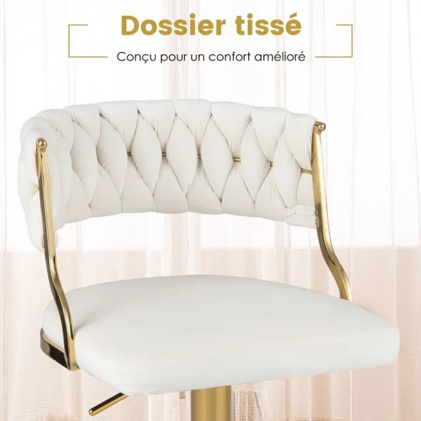 Ensemble De 2 Tabourets Pivotants En Velours Avec Dossier Tissé Repose-Pieds Certification Sgs Vérin à Gaz Avec Rotation à 360 Degrés Blanc