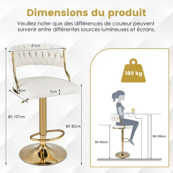 Ensemble De 2 Tabourets Pivotants En Velours Avec Dossier Tissé Repose-Pieds Certification Sgs Vérin à Gaz Avec Rotation à 360 Degrés Blanc