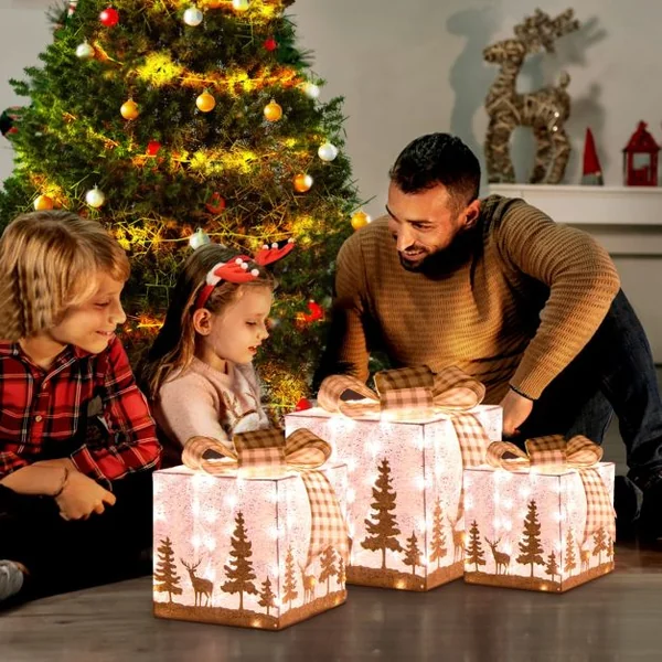 Ensemble de 3 Boîtes Cadeaux Lumineuses de Noël Boîtes de Présents Pré-Éclairées avec 100 Lumières Motifs Exquis Nœuds Piquets de Sol