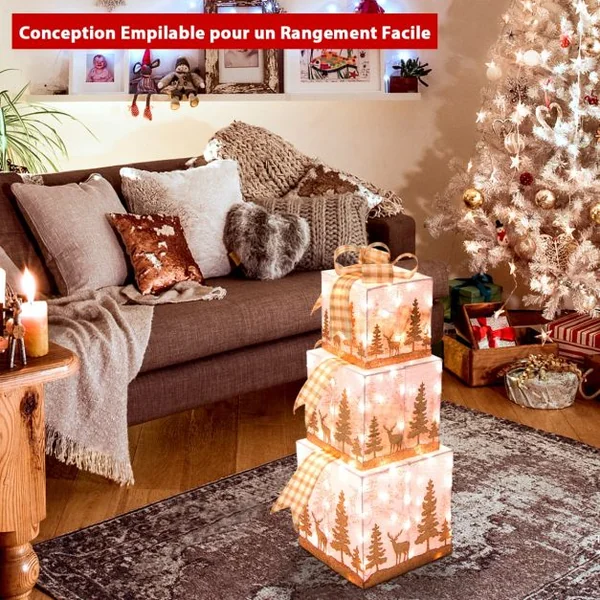 Ensemble de 3 Boîtes Cadeaux Lumineuses de Noël Boîtes de Présents Pré-Éclairées avec 100 Lumières Motifs Exquis Nœuds Piquets de Sol