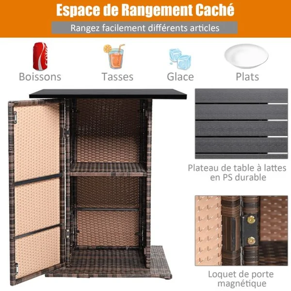 Ensemble de Bar de Jardin 5 PCS en Rotin PE Tabouret Charge 160KG Ensemble de Mobilier avec Coussins Étagère de Rangement Cachée Noir
