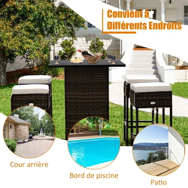 Ensemble de Bar de Jardin 5 PCS en Rotin PE Tabouret Charge 160KG Ensemble de Mobilier avec Coussins Étagère de Rangement Cachée Noir
