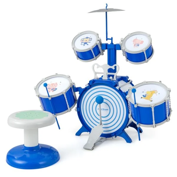Ensemble de Batterie de Jazz pour Enfants Grosse Caisse 2 Caisses Centrales 2 Caisses Claires Cymbale Baguettes Pédale pour Les 3 Ans et Plus Bleu