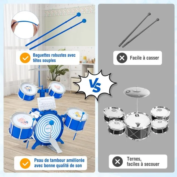 Ensemble de Batterie de Jazz pour Enfants Grosse Caisse 2 Caisses Centrales 2 Caisses Claires Cymbale Baguettes Pédale pour Les 3 Ans et Plus Bleu
