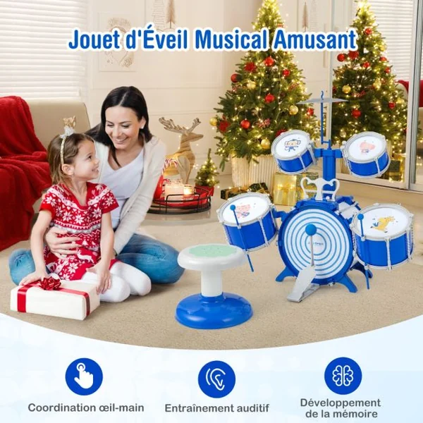 Ensemble de Batterie de Jazz pour Enfants Grosse Caisse 2 Caisses Centrales 2 Caisses Claires Cymbale Baguettes Pédale pour Les 3 Ans et Plus Bleu