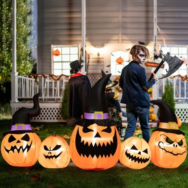 Ensemble de Citrouilles Gonflables d'Halloween Décoration d'Halloween avec Lumières LED Intégrées pour Cour Jardin
