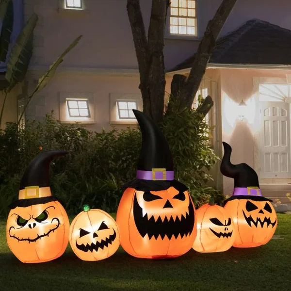 Ensemble de Citrouilles Gonflables d'Halloween Décoration d'Halloween avec Lumières LED Intégrées pour Cour Jardin