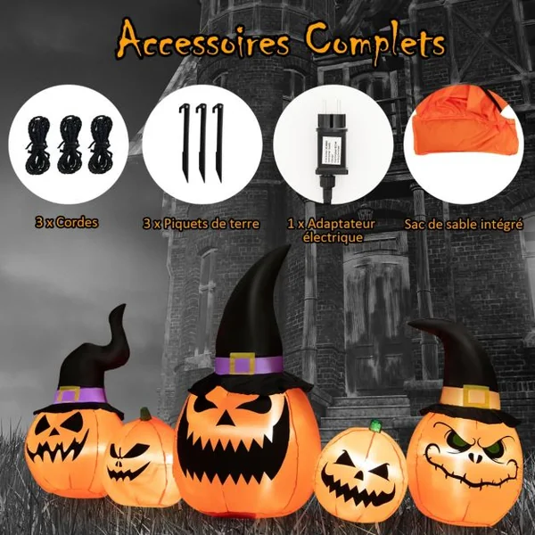 Ensemble de Citrouilles Gonflables d'Halloween Décoration d'Halloween avec Lumières LED Intégrées pour Cour Jardin