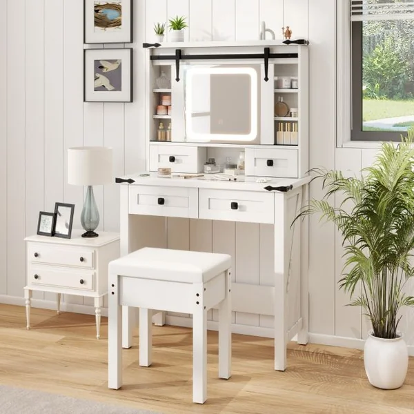 Ensemble de Coiffeuse et Tabouret avec Lumières et Miroir Coulissant Lumières LED à Intensité Variable à 3 Couleurs Blanc
