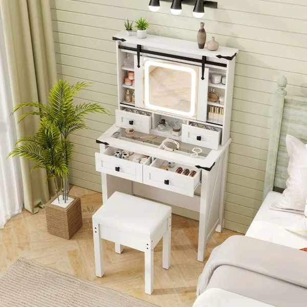 Ensemble de Coiffeuse et Tabouret avec Lumières et Miroir Coulissant Lumières LED à Intensité Variable à 3 Couleurs Blanc