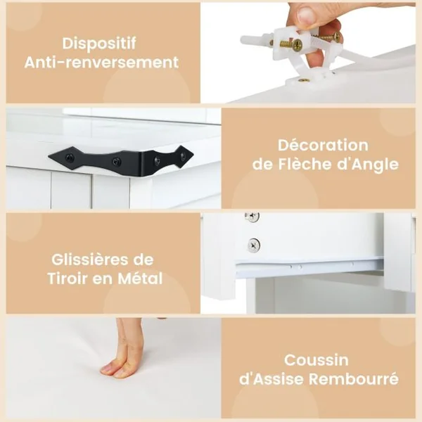 Ensemble de Coiffeuse et Tabouret avec Lumières et Miroir Coulissant Lumières LED à Intensité Variable à 3 Couleurs Blanc