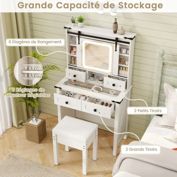 Ensemble de Coiffeuse et Tabouret avec Lumières et Miroir Coulissant Lumières LED à Intensité Variable à 3 Couleurs Blanc