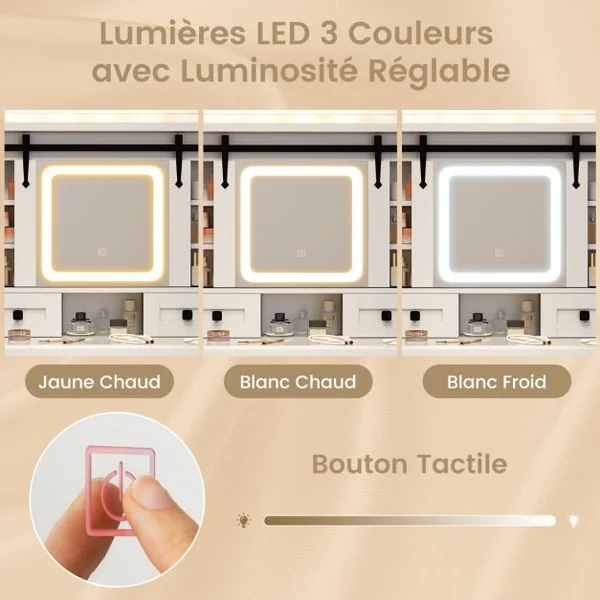 Ensemble de Coiffeuse et Tabouret avec Lumières et Miroir Coulissant Lumières LED à Intensité Variable à 3 Couleurs Blanc