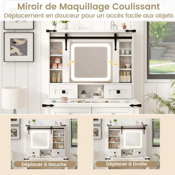 Ensemble de Coiffeuse et Tabouret avec Lumières et Miroir Coulissant Lumières LED à Intensité Variable à 3 Couleurs Blanc
