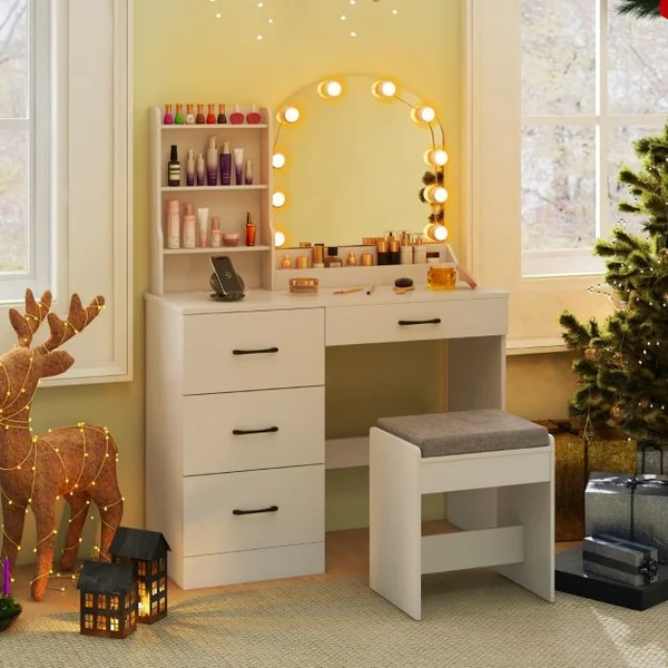 Ensemble de Coiffeuse et Tabouret Coiffeuse avec Miroir et Lumières Station de Charge Lumières LED Réglables à 3 Couleurs 4 Tiroirs Blanc