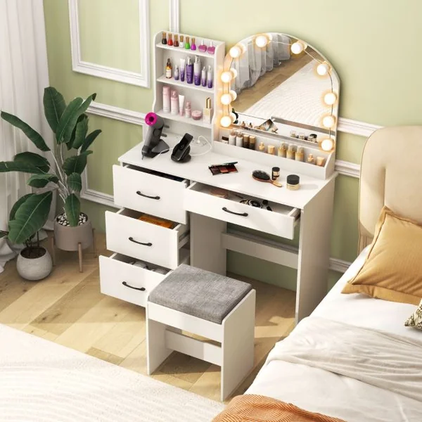 Ensemble de Coiffeuse et Tabouret Coiffeuse avec Miroir et Lumières Station de Charge Lumières LED Réglables à 3 Couleurs 4 Tiroirs Blanc