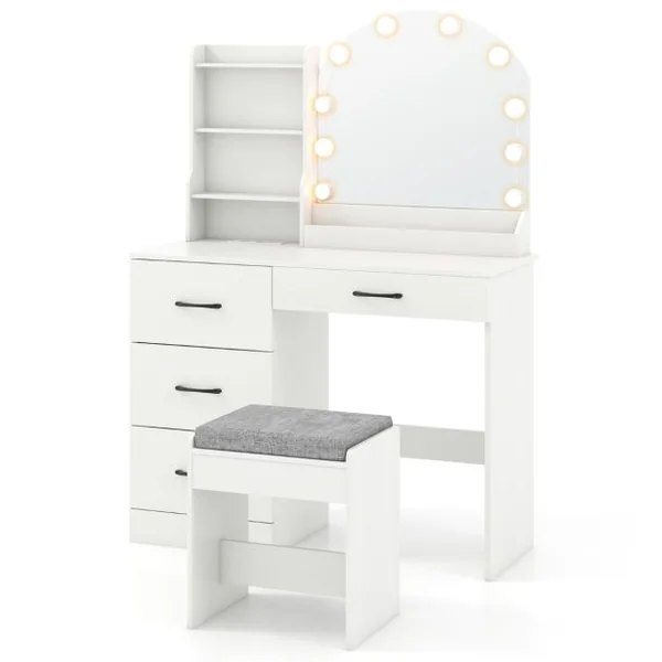 Ensemble de Coiffeuse et Tabouret Coiffeuse avec Miroir et Lumières Station de Charge Lumières LED Réglables à 3 Couleurs 4 Tiroirs Blanc