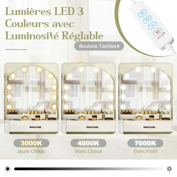Ensemble de Coiffeuse et Tabouret Coiffeuse avec Miroir et Lumières Station de Charge Lumières LED Réglables à 3 Couleurs 4 Tiroirs Blanc