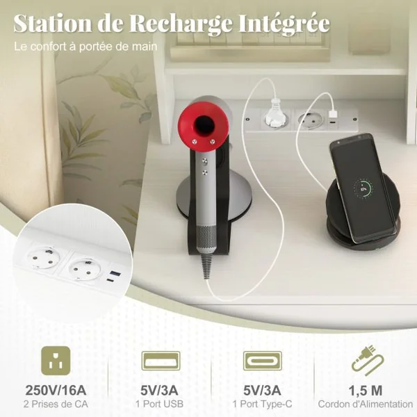 Ensemble de Coiffeuse et Tabouret Coiffeuse avec Miroir et Lumières Station de Charge Lumières LED Réglables à 3 Couleurs 4 Tiroirs Blanc