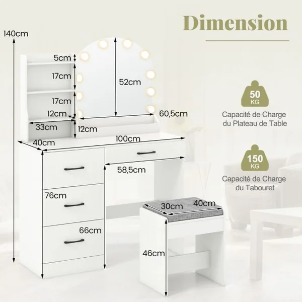 Ensemble de Coiffeuse et Tabouret Coiffeuse avec Miroir et Lumières Station de Charge Lumières LED Réglables à 3 Couleurs 4 Tiroirs Blanc