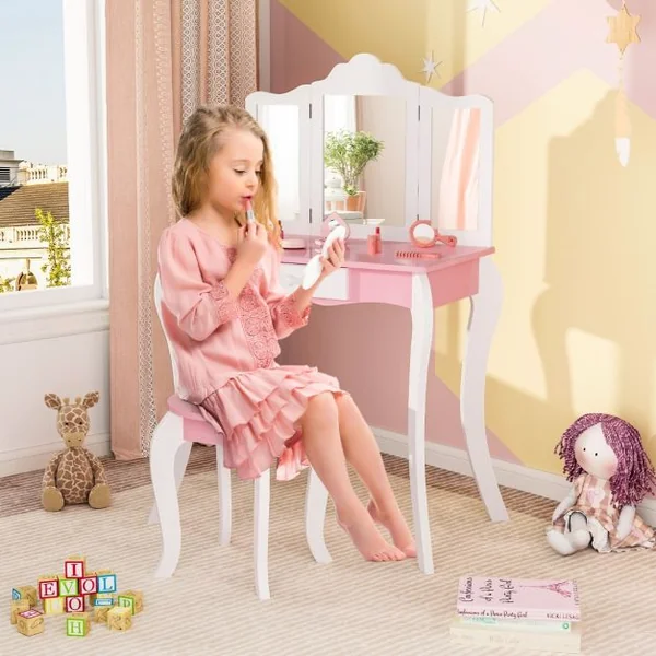 Ensemble de Coiffeuse et Tabouret pour Enfants de 3 à 7 Ans avec Miroir Acrylique Pliable en 3 Parties Tiroir et Accessoires Blanc