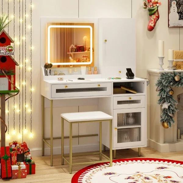 Ensemble de Coiffeuse et Tabouret Table de Maquillage avec Miroir LED à 3 Couleurs Station de Charge Armoire à Bijoux et Tiroirs Blanc