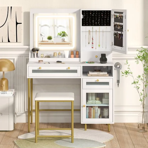 Ensemble de Coiffeuse et Tabouret Table de Maquillage avec Miroir LED à 3 Couleurs Station de Charge Armoire à Bijoux et Tiroirs Blanc