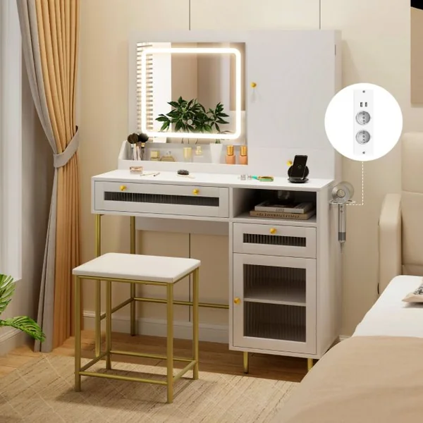 Ensemble de Coiffeuse et Tabouret Table de Maquillage avec Miroir LED à 3 Couleurs Station de Charge Armoire à Bijoux et Tiroirs Blanc