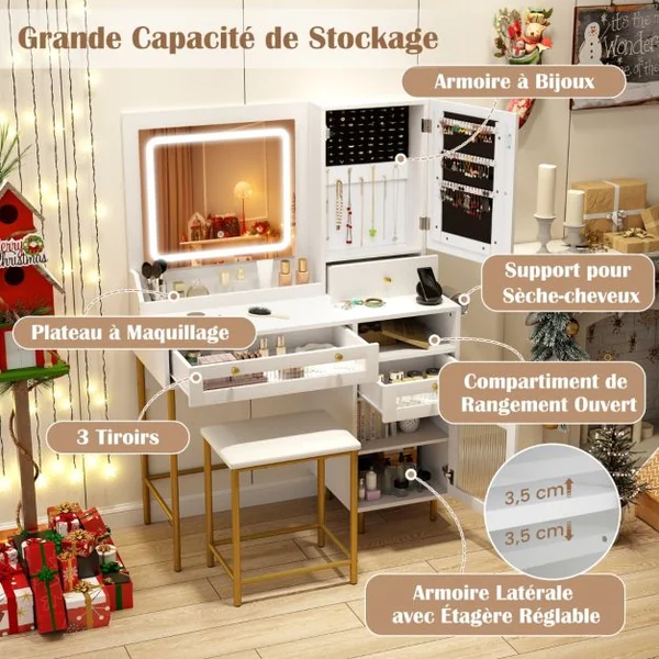 Ensemble de Coiffeuse et Tabouret Table de Maquillage avec Miroir LED à 3 Couleurs Station de Charge Armoire à Bijoux et Tiroirs Blanc