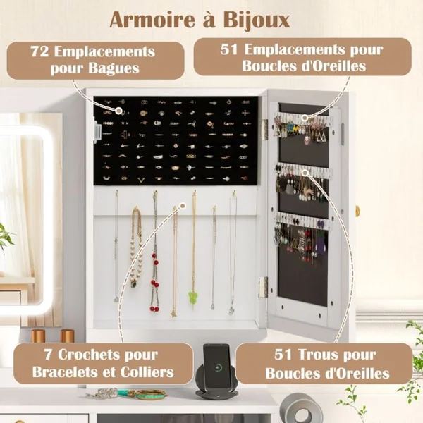 Ensemble de Coiffeuse et Tabouret Table de Maquillage avec Miroir LED à 3 Couleurs Station de Charge Armoire à Bijoux et Tiroirs Blanc