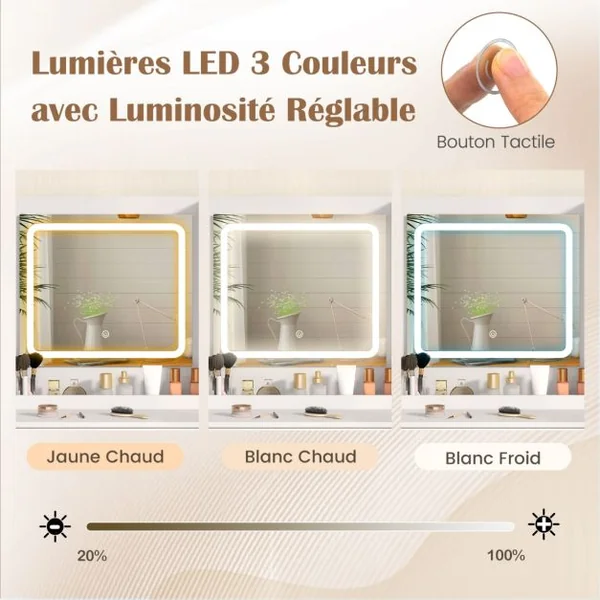 Ensemble de Coiffeuse et Tabouret Table de Maquillage avec Miroir LED à 3 Couleurs Station de Charge Armoire à Bijoux et Tiroirs Blanc