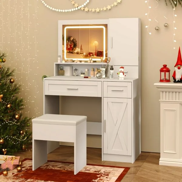 Ensemble de Coiffeuse et Tabouret Table de Maquillage avec Miroir LED à 3 Couleurs Station de Charge pour Femme Fille Blanc