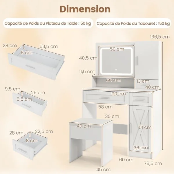 Ensemble de Coiffeuse et Tabouret Table de Maquillage avec Miroir LED à 3 Couleurs Station de Charge pour Femme Fille Blanc
