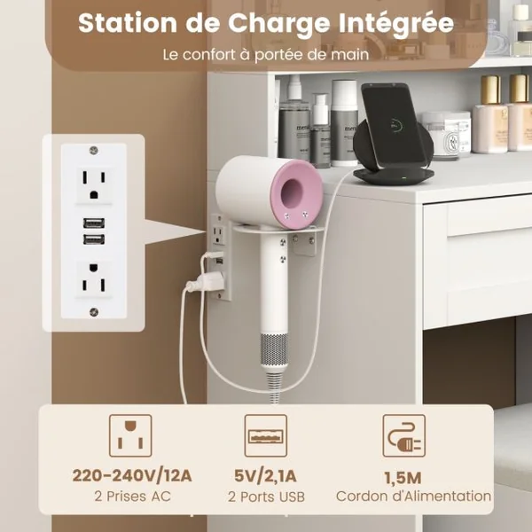 Ensemble de Coiffeuse et Tabouret Table de Maquillage avec Miroir LED à 3 Couleurs Station de Charge pour Femme Fille Blanc
