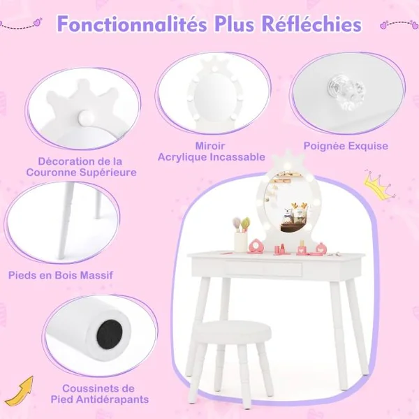 Ensemble de Coiffeuse pour Enfants avec Miroir Eclairé Ensemble de Table et Tabouret avec Luminosité Réglable pour 3-7 Ans Rose/Blanc/Violet