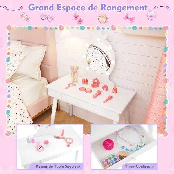 Ensemble de Coiffeuse pour Enfants avec Miroir Eclairé Ensemble de Table et Tabouret avec Luminosité Réglable pour 3-7 Ans Rose/Blanc/Violet