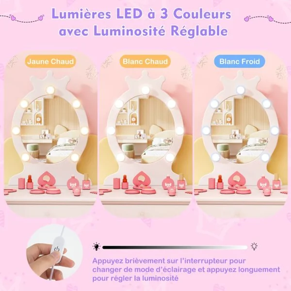 Ensemble de Coiffeuse pour Enfants avec Miroir Eclairé Ensemble de Table et Tabouret avec Luminosité Réglable pour 3-7 Ans Rose/Blanc/Violet