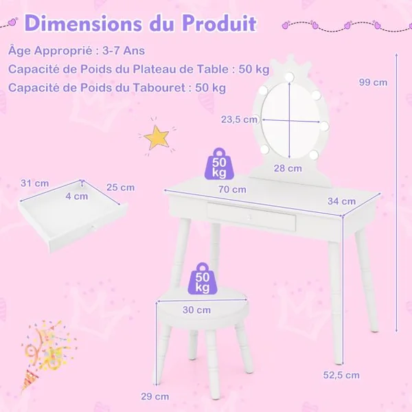 Ensemble de Coiffeuse pour Enfants avec Miroir Eclairé Ensemble de Table et Tabouret avec Luminosité Réglable pour 3-7 Ans Rose/Blanc/Violet