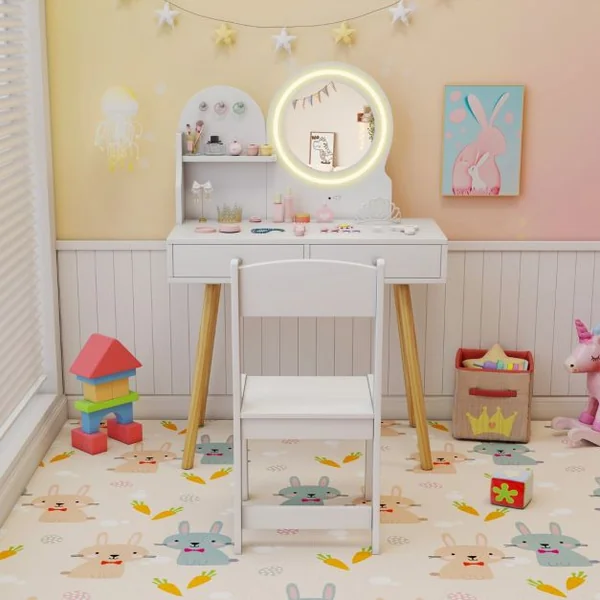Ensemble de Coiffeuse pour Enfants avec Miroir Éclairé Table de Maquillage et Chaise avec Lumières Étagère Ouverte Crochets Blanc