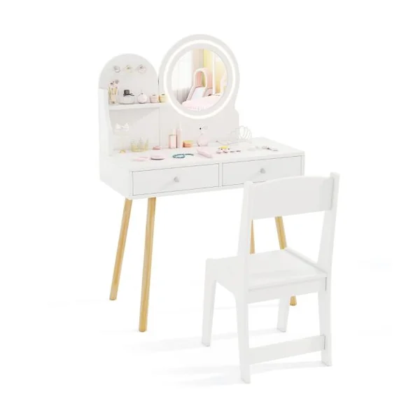 Ensemble de Coiffeuse pour Enfants avec Miroir Éclairé Table de Maquillage et Chaise avec Lumières Étagère Ouverte Crochets Blanc