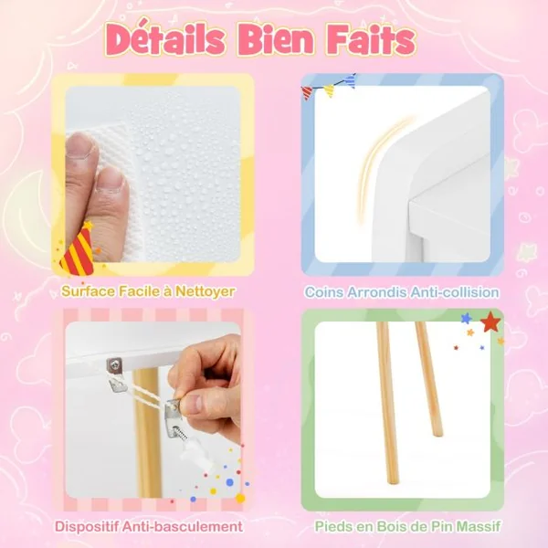 Ensemble de Coiffeuse pour Enfants avec Miroir Éclairé Table de Maquillage et Chaise avec Lumières Étagère Ouverte Crochets Blanc