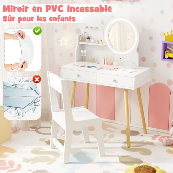 Ensemble de Coiffeuse pour Enfants avec Miroir Éclairé Table de Maquillage et Chaise avec Lumières Étagère Ouverte Crochets Blanc