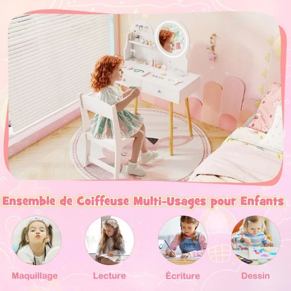 Ensemble de Coiffeuse pour Enfants avec Miroir Éclairé Table de Maquillage et Chaise avec Lumières Étagère Ouverte Crochets Blanc
