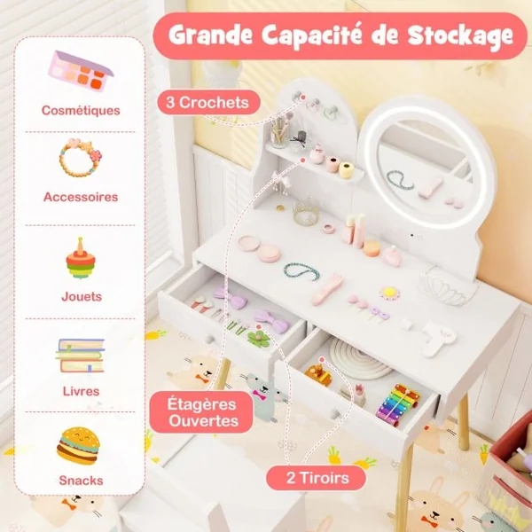 Ensemble de Coiffeuse pour Enfants avec Miroir Éclairé Table de Maquillage et Chaise avec Lumières Étagère Ouverte Crochets Blanc