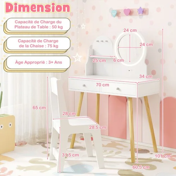 Ensemble de Coiffeuse pour Enfants avec Miroir Éclairé Table de Maquillage et Chaise avec Lumières Étagère Ouverte Crochets Blanc