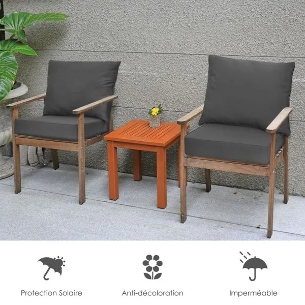 Ensemble de Coussins de Meubles de Terrasse Coussins de Chaise d'Extérieur avec Sangles en Corde Antidérapantes Coussin de Siège Epais Gris