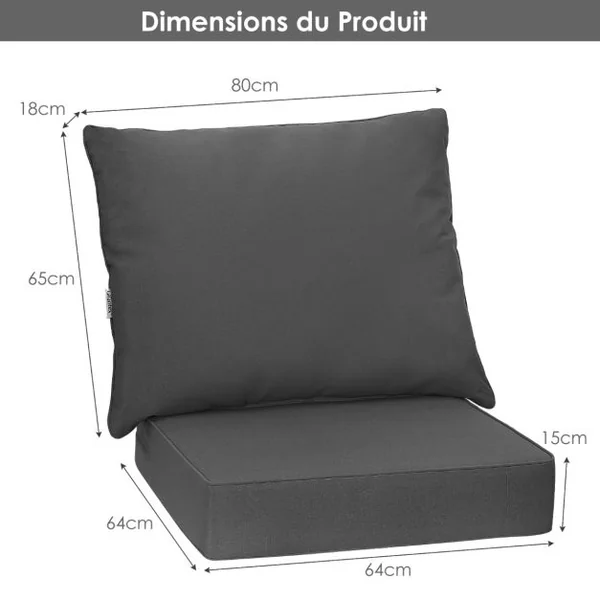 Ensemble de Coussins de Meubles de Terrasse Coussins de Chaise d'Extérieur avec Sangles en Corde Antidérapantes Coussin de Siège Epais Gris