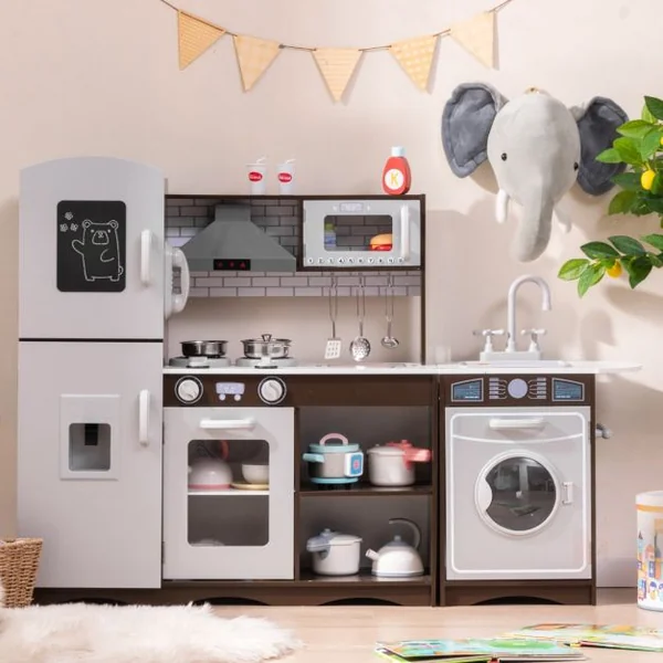 Ensemble de Cuisine d'Angle pour Enfants de 3+ Ans avec Lumière et Machine à Glaçons Micro-Ondes Hotte Aspirante Téléphone Marron