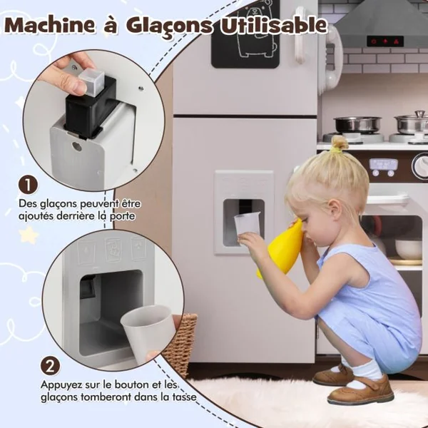 Ensemble de Cuisine d'Angle pour Enfants de 3+ Ans avec Lumière et Machine à Glaçons Micro-Ondes Hotte Aspirante Téléphone Marron